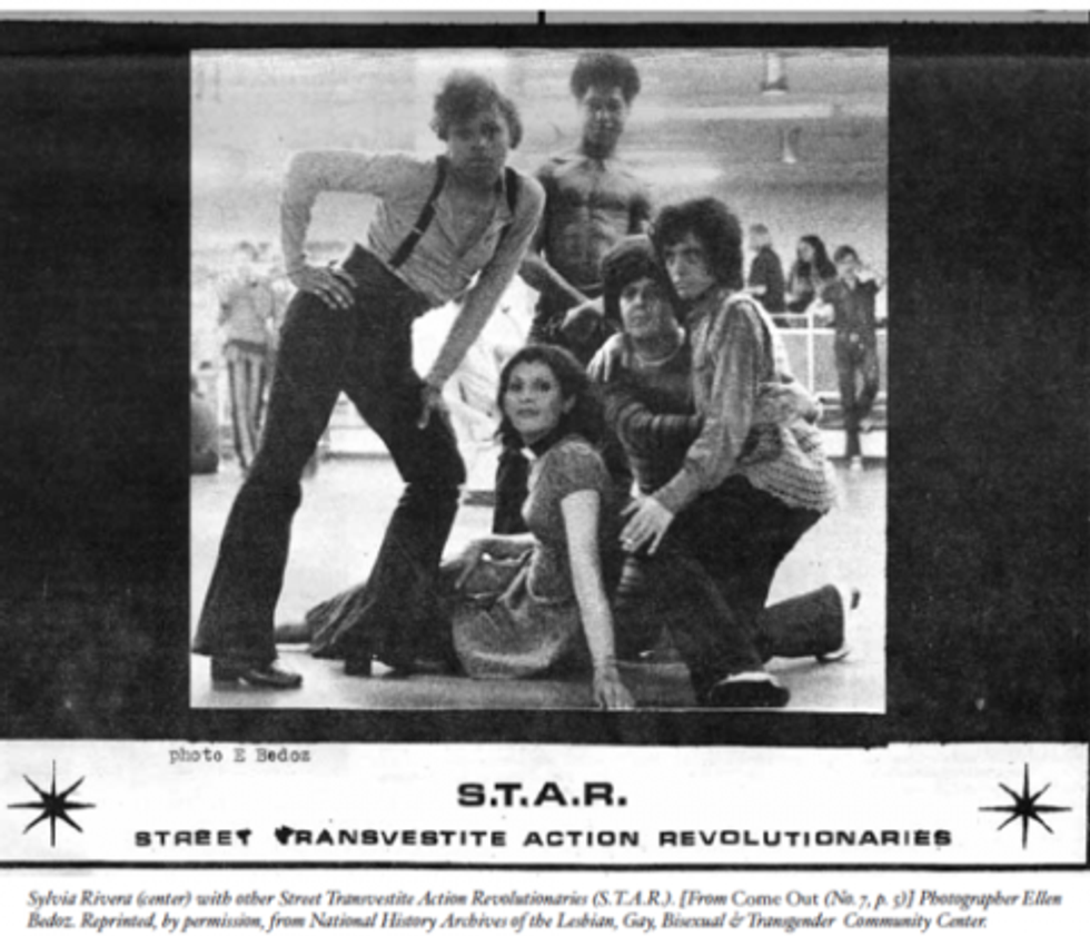 A photograph of S.T.A.R. the Street Transvestite Action Revolutionaries featuring Sylvia Rivera and other revolutionaries