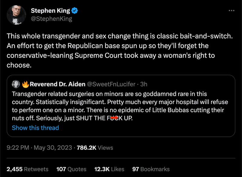 Twitter screenshot of @StephenKing's response to a post by @SweetFnLucifer