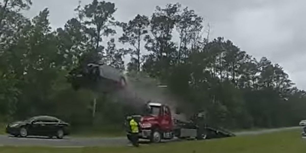NextImg:Viral video shows Georgia car flying 120 feet into the air after hitting tow-truck ramp