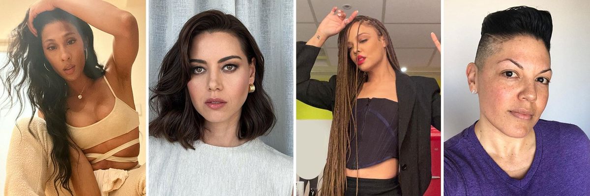 a four image collage featuring queer actresses MJ Rodriguez, Aubrey Plaza, Tessa Thompson and Sara Ramirez