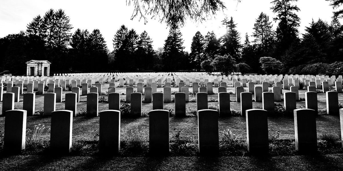 A black and white picture of a cemetery