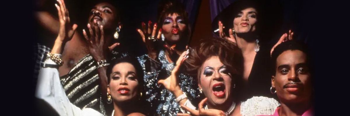 a movie still from the film "Paris is Burning" depicting prominent figures of the LGBTQ+ ballroom scene