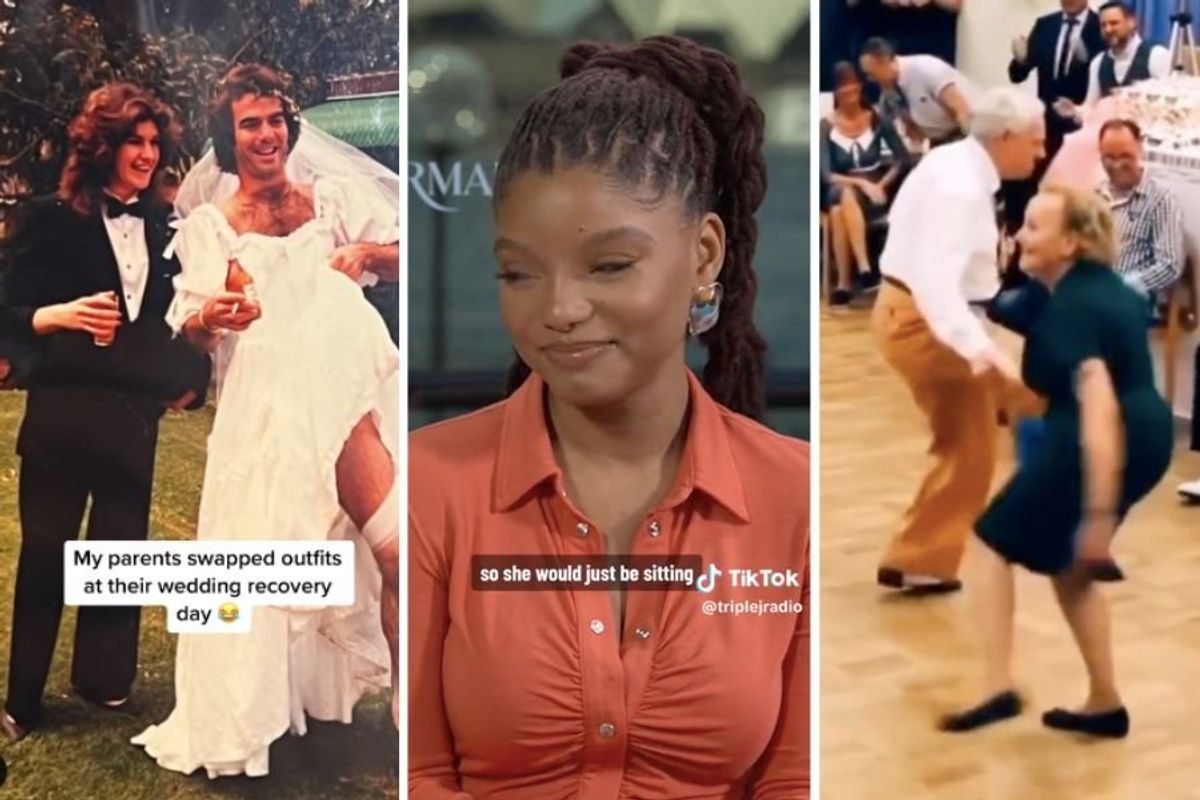 bride and groom swap outfits, halle bailey, elderly couple dancing