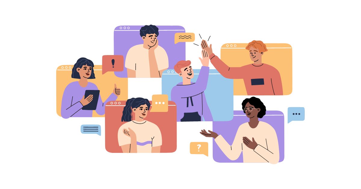 Diverse group of coworkers asking each other diversity and inclusion questions
