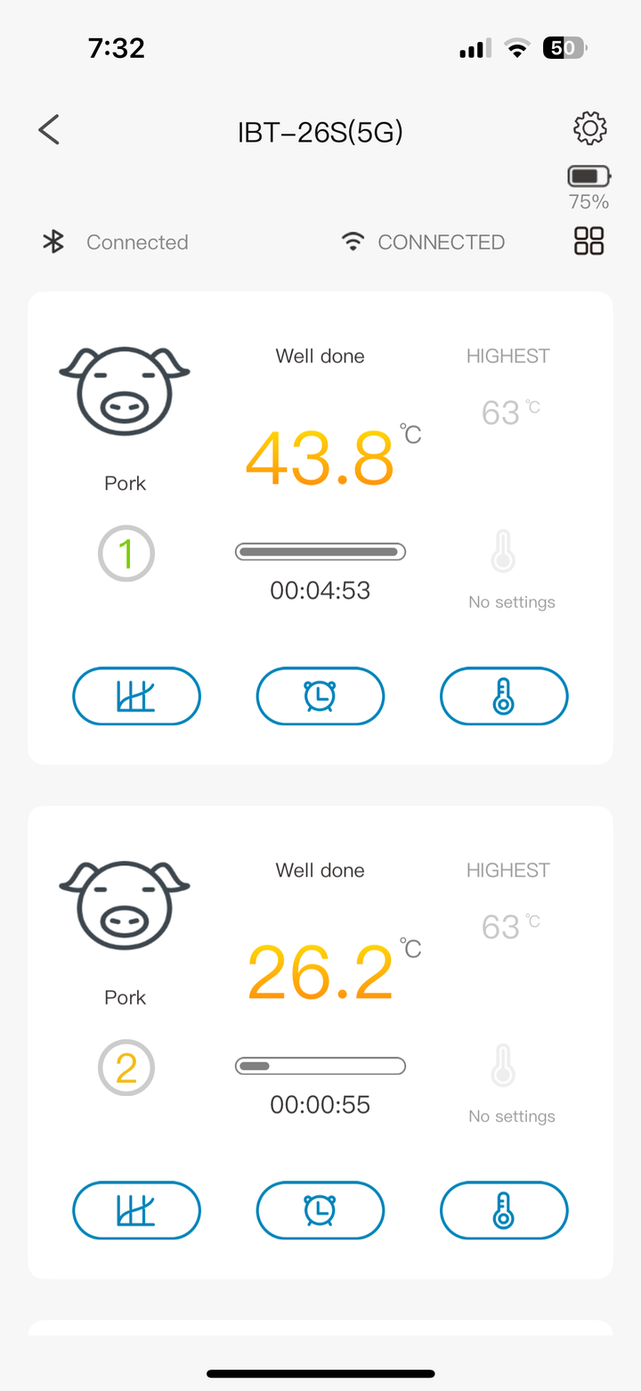 a screenshot of two probes cooking pork in INKBIRD app