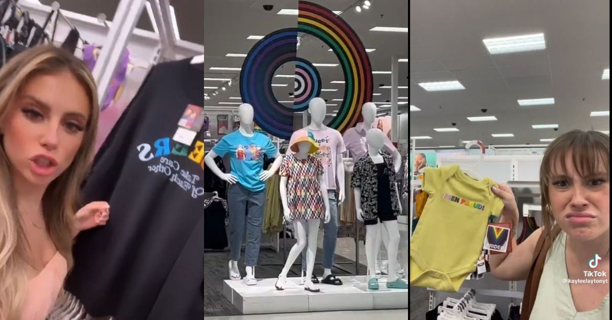Screenshots of two women holding up Pride-themed Target apparel.