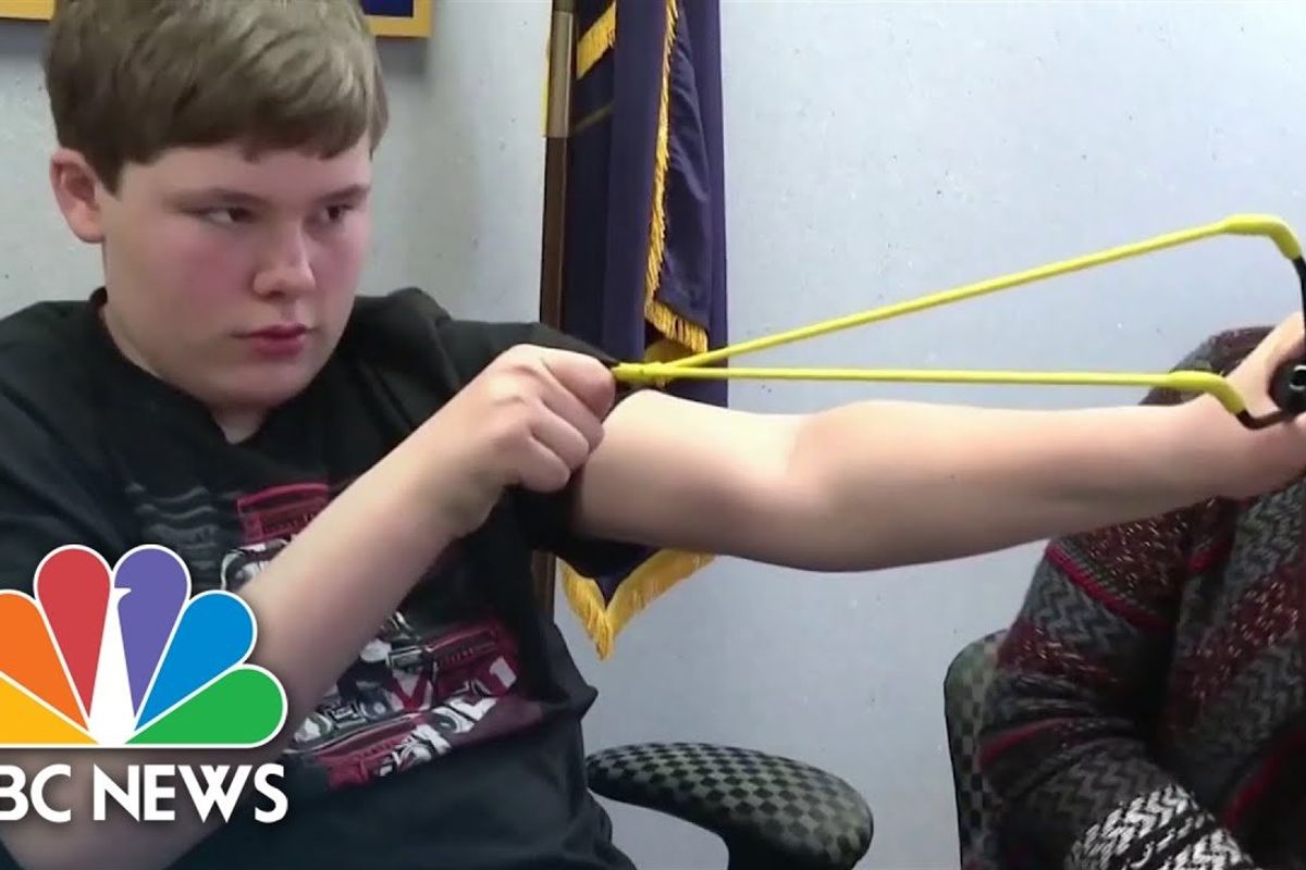 slingshot; attempted kidnapping; hero; rescues sister; 13 year old boy