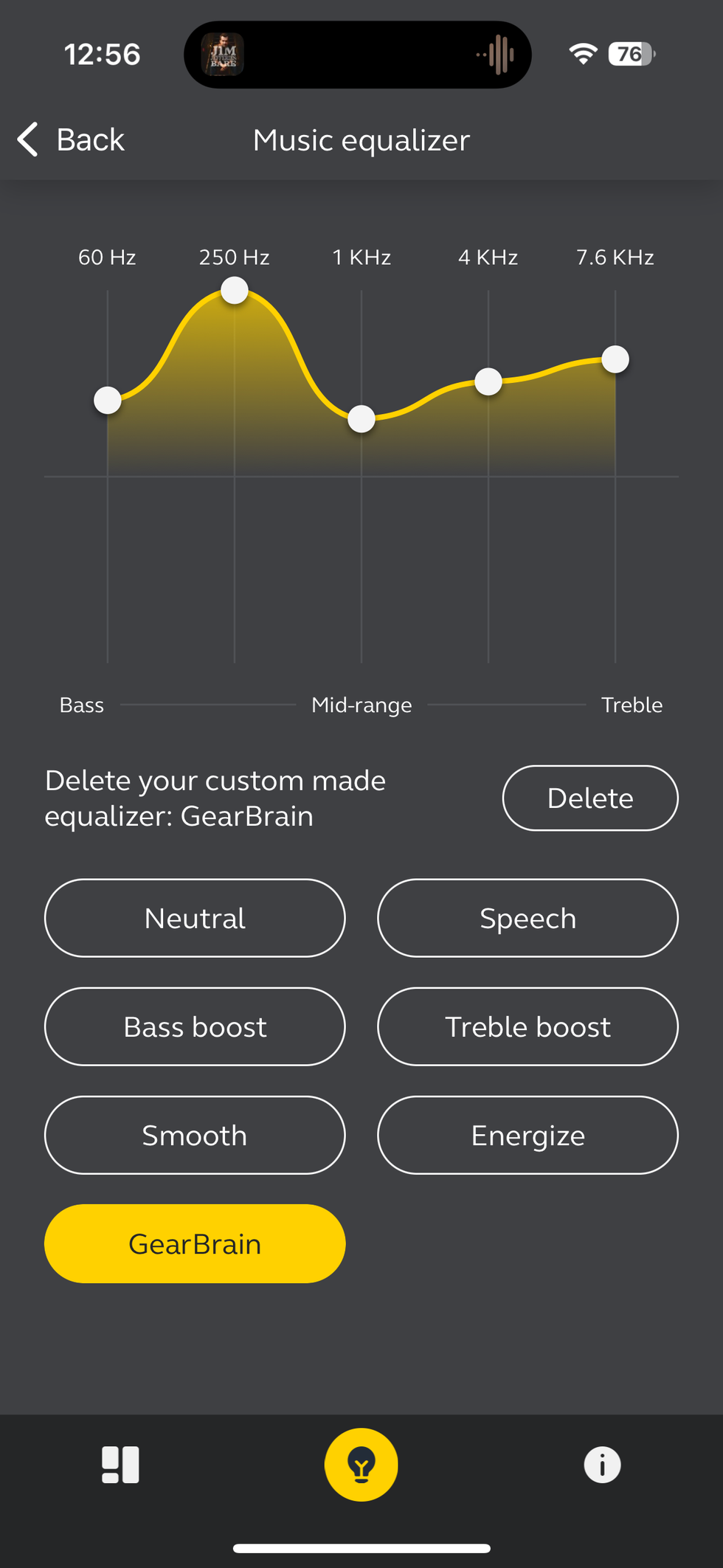 Screenshot of Jabra app setting custom eq settings for Elite 4 earbuds