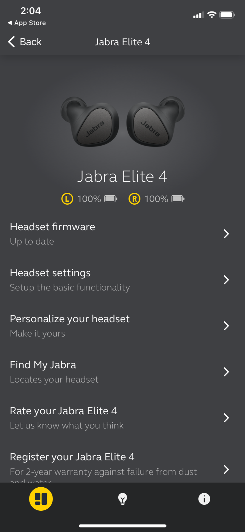 screen shot of settings page in Jabra app