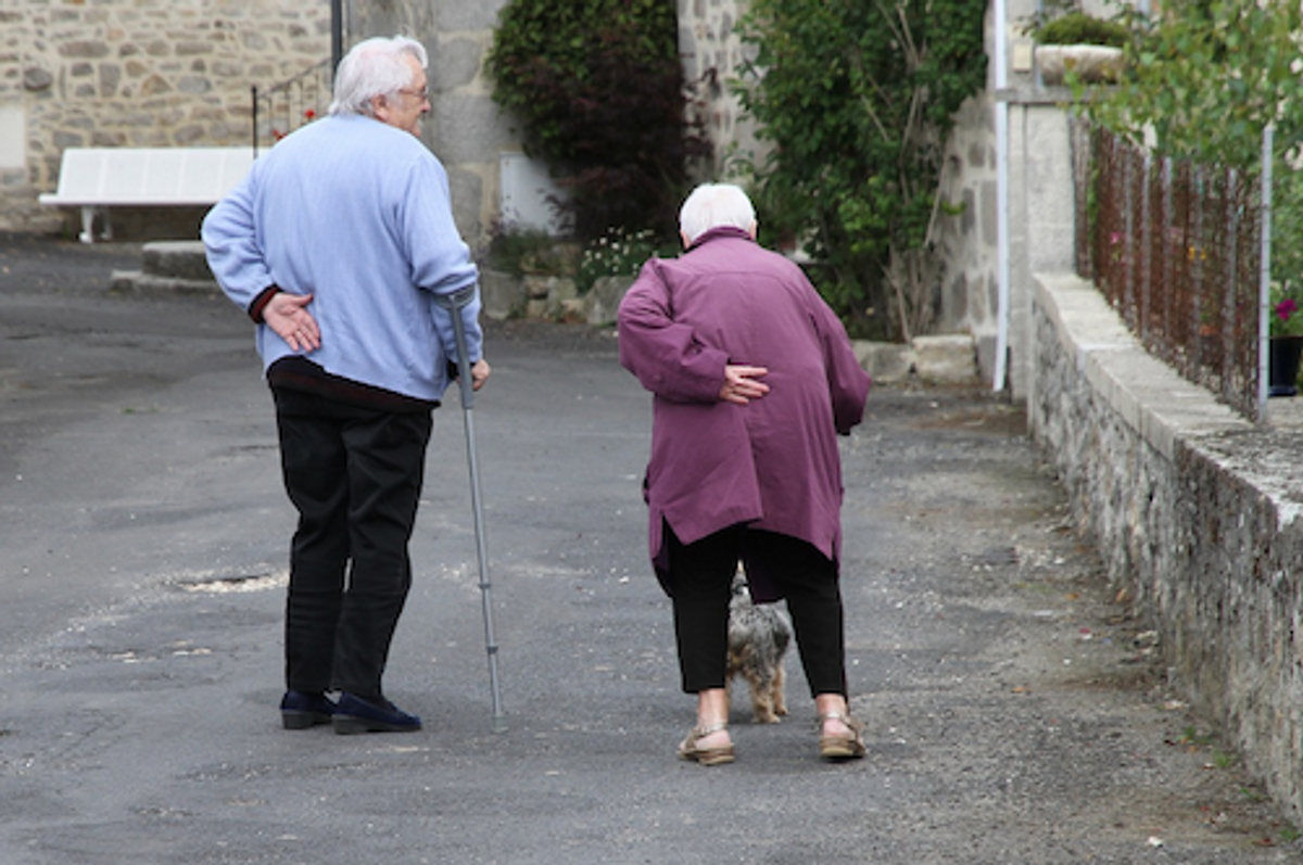 a photo of two elderly people walking a dog