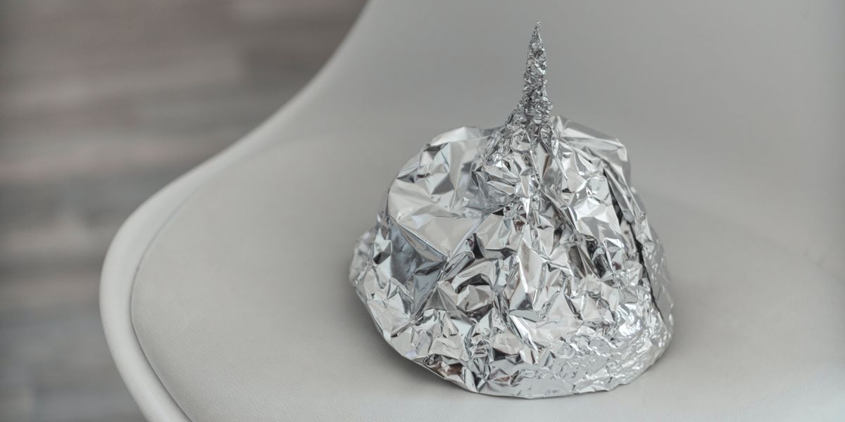 Aluminum foil hat on a chair