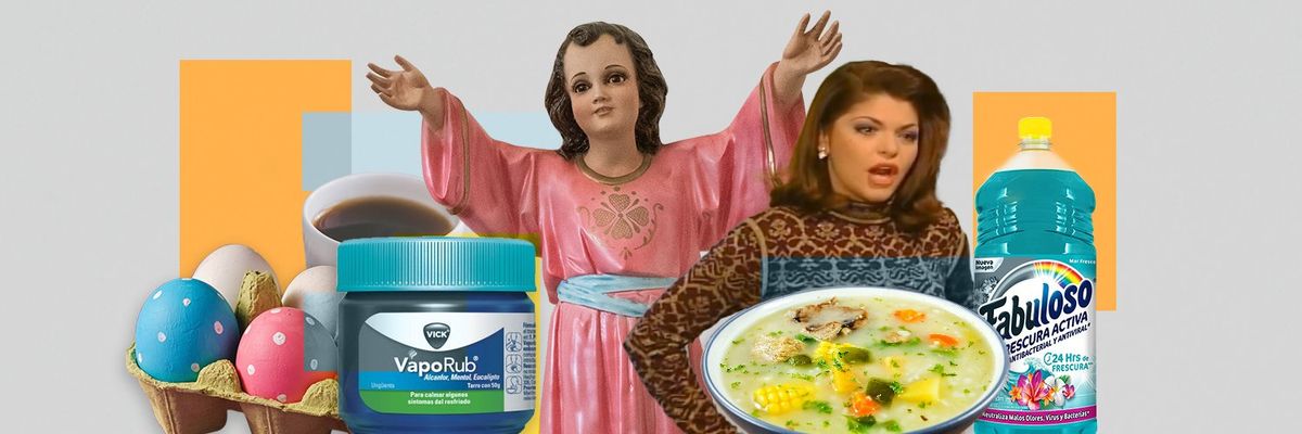 a collage featuring iconic Latino items: confetti eggs, vicks vaporub, el niño Dios, caldo, fabuloso and a telenovela villain