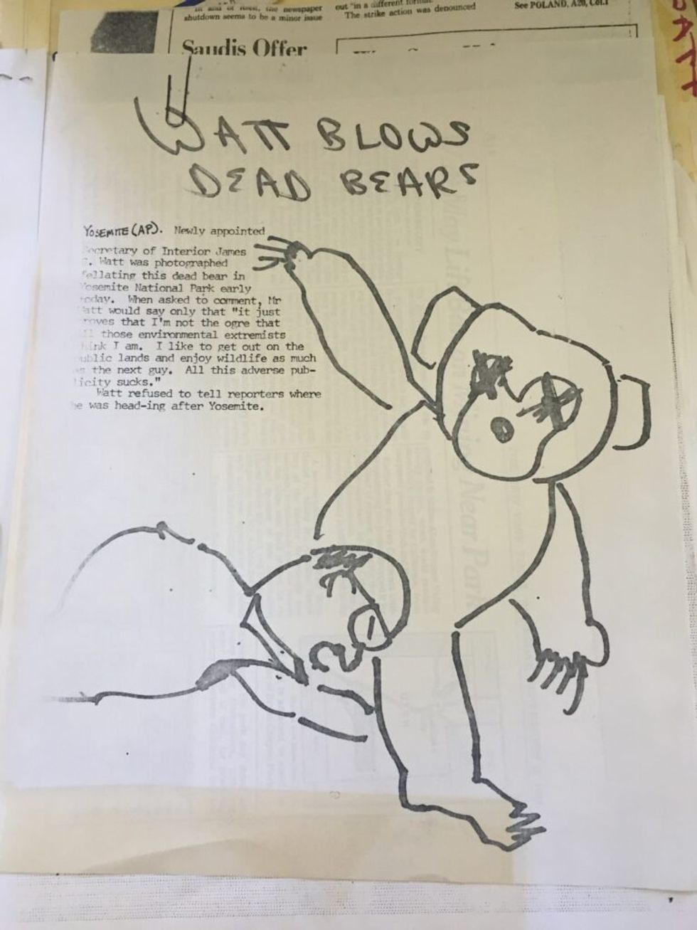 Crude cartoon drawing of James Watt fellating a dead bear, with the title 'Watt Blows Dead Bears' and a fake news story saying Watt had been photographed in the act of blowing the bear in Yellowstone National Park