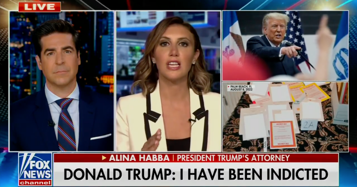 Fox News screenshot of Jesse Watters and Alina Habba discussing Donald Trump's indictment