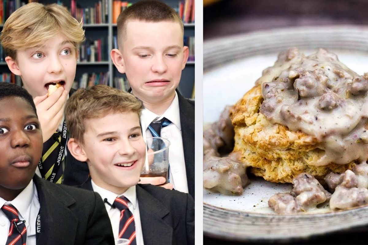 British food; British kids try; southern food; biscuits and gravy