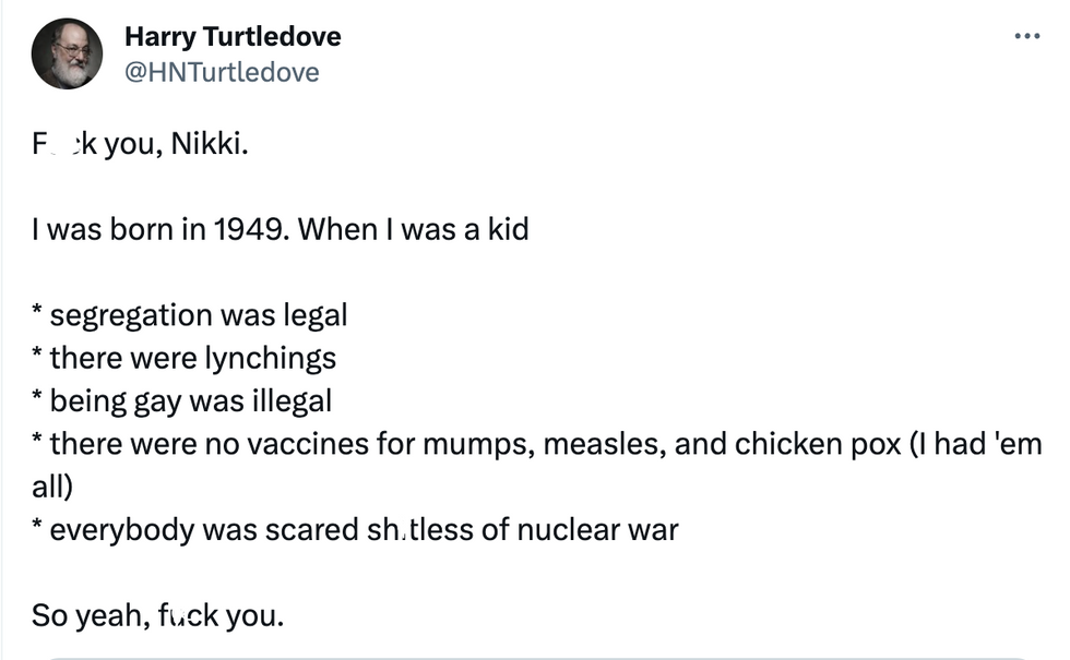 Tweet form user Harry Turtledove: 