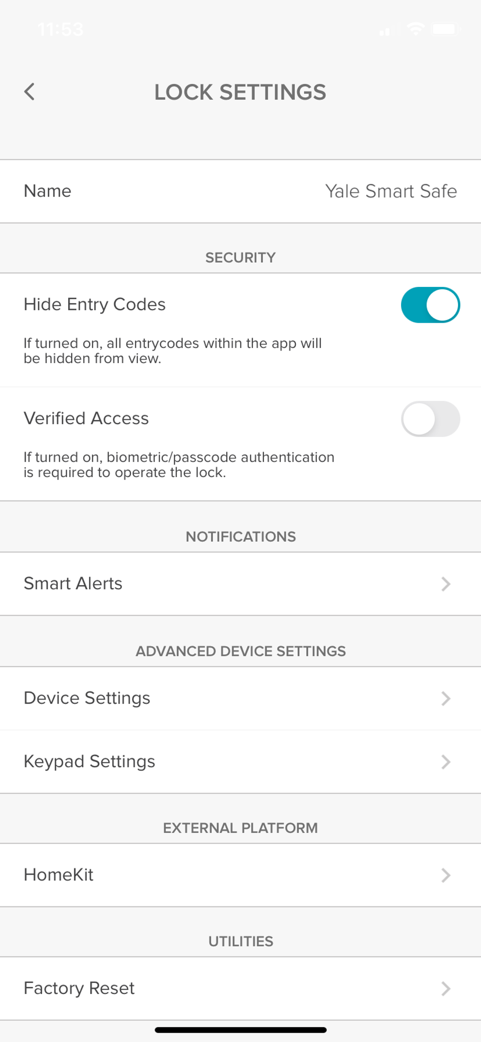 a screenshot of settings for Yale Smart Safe iin the Yale Access app