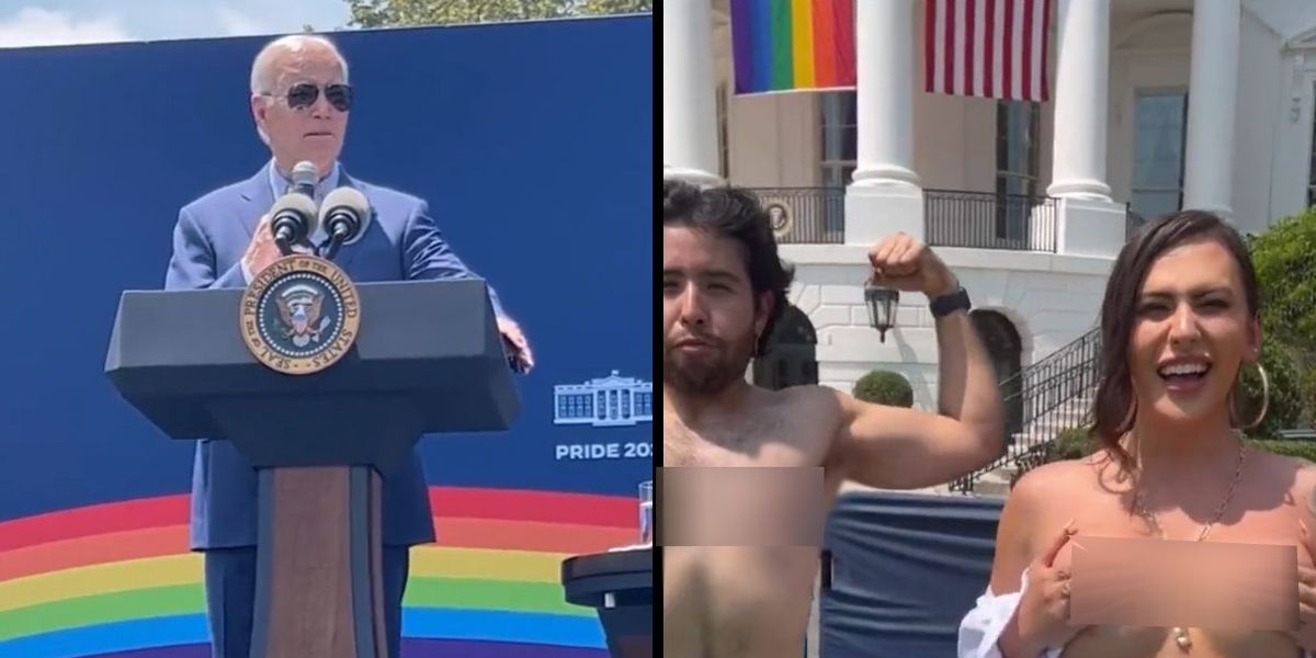 NextImg:Transvestite flashes fake breasts below White House's prominently flown Pride flag after taking photo with Bidens