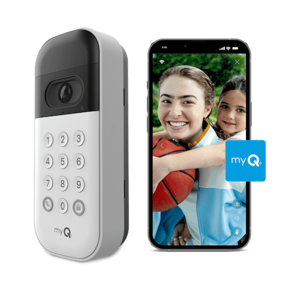 a photo of myQ Smart Garage Video Keypad and smartphone showing myQ app