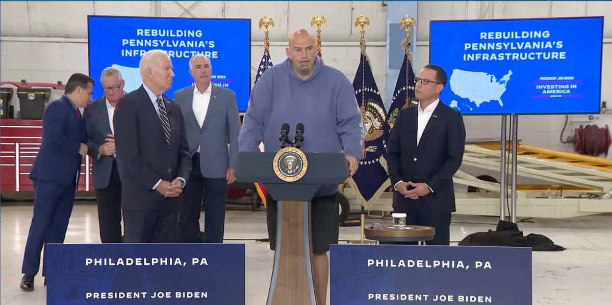 NextImg:Video: Sen. Fetterman struggles with words, wears hoodie, shorts to I-95 rebuilding event with President Biden
