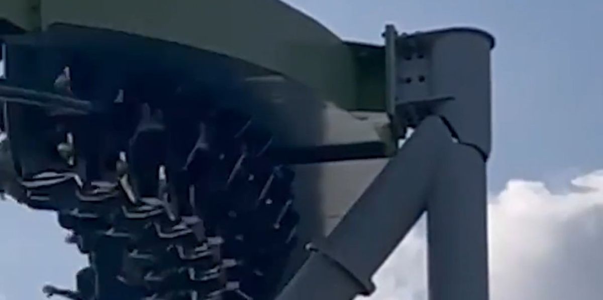 NextImg:Watch: Pillar supposedly holding up roller coaster is clearly severed at the top, shifting every time a train whips by