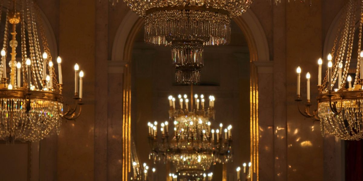 Gold chandeliers at hotel