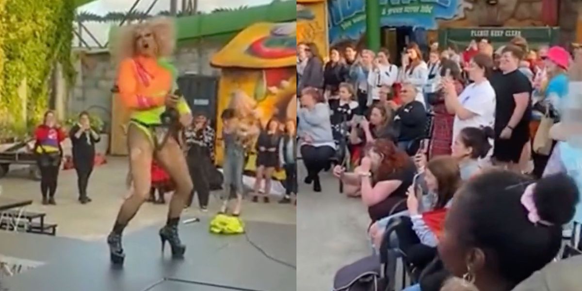 NextImg:Theme park apologizes after viral video shows drag queen simulating sex act with power tool in front of children at Pride event