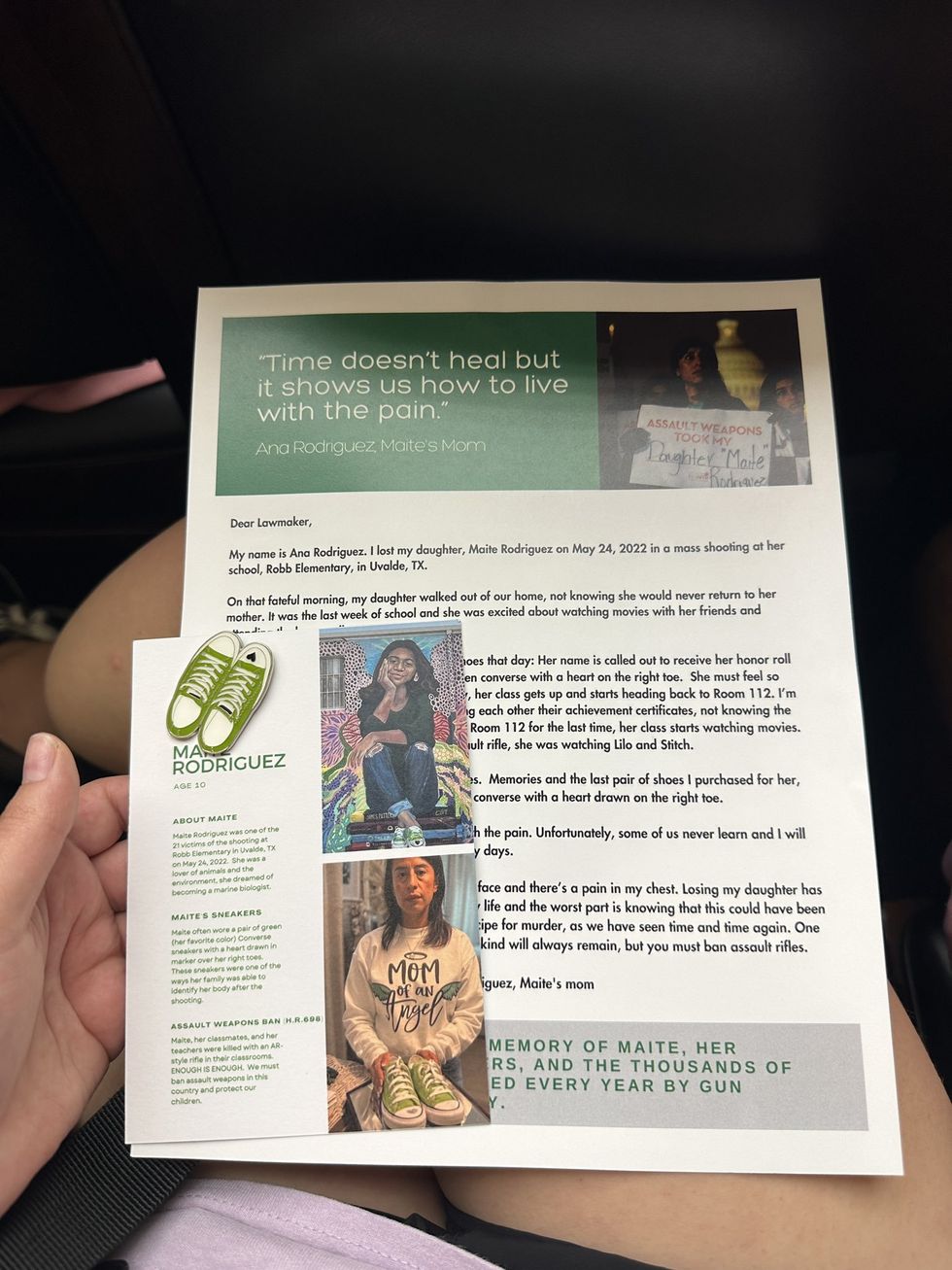 Twitter screenshot of pin and pamphlet about Uvalde victim Maite Rodriguez