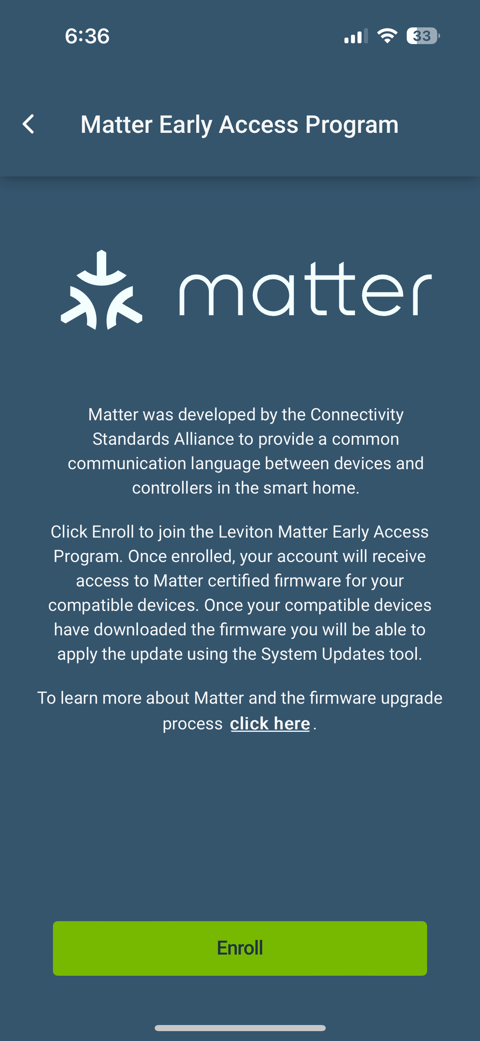 a screenshot of Leviton's Matter Early Access Program in the My Leviton app.