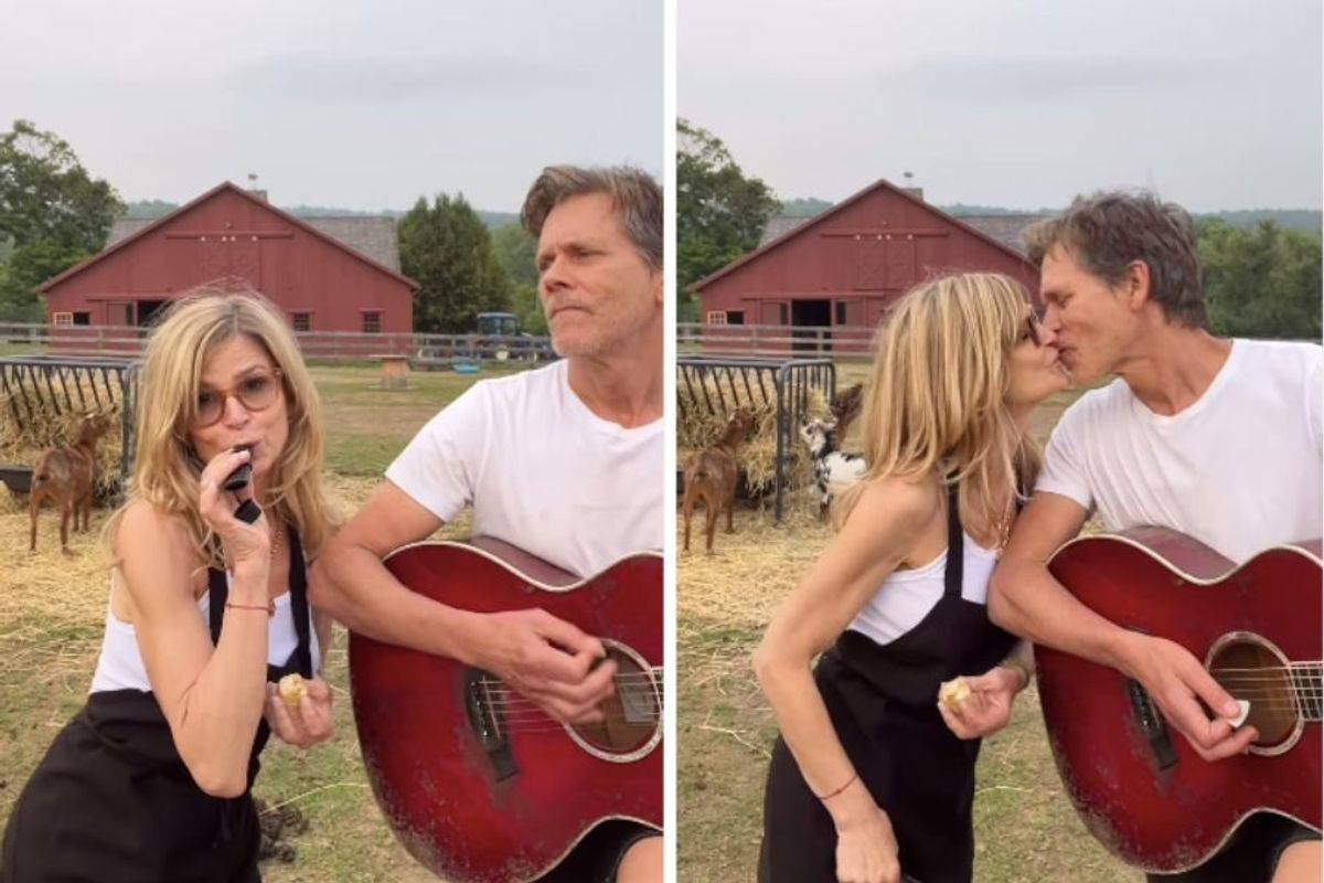 Kyra Sedgwick and Kevin Bacon singing on their farm