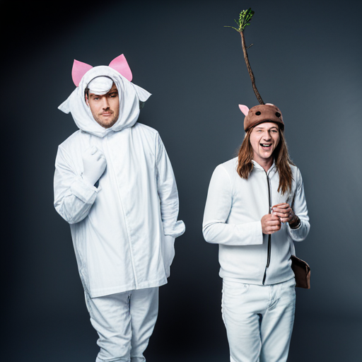 A person wearing a pig costume goes to a party with someone dressed as a brown twig.