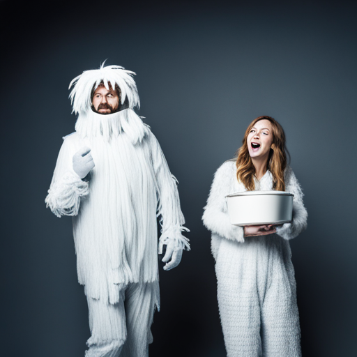 A man dressed up as the Yeti goes to a party with a woman carrying a bowl of spaghetti.