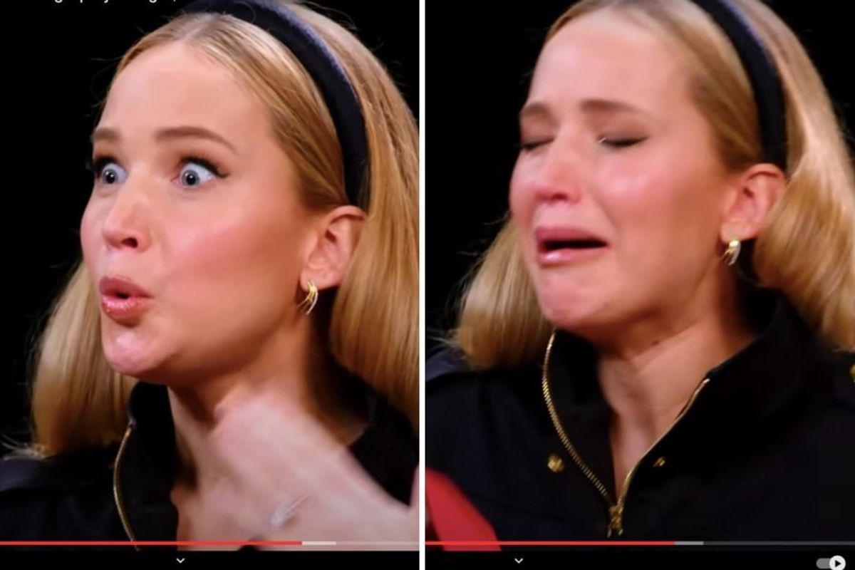 Jennifer Lawrence making faces from the spicy wings
