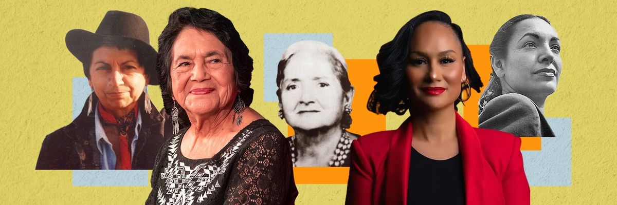 A collage featuring Gloria Anzaldua, Dolores Huerta, Maria L. De Hernandez, Josephine Fierro de Bright and Carmen Perez as Latinas in the Chicano Movement