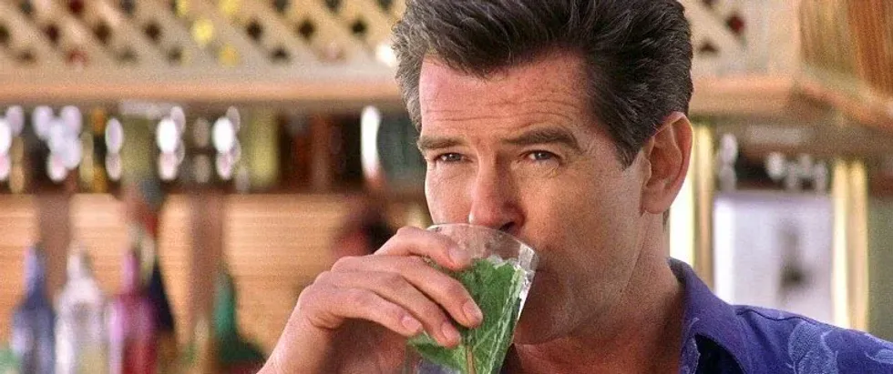 A still image of \u200bPierce Brosnan as James Bond drinking a mojito in the 2002 movie Die Another Day.