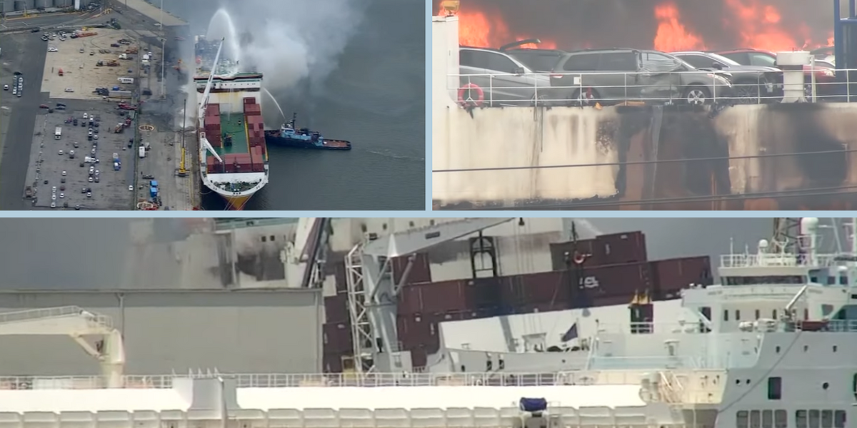 NextImg:Cargo ship fire in Newark expected to continue burning for days; 2 firefighters who died sent maydays from within vessel