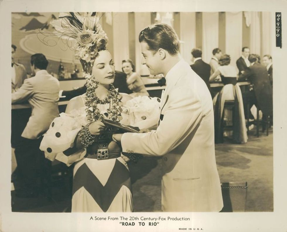 A sepia photograph of a scene from the movie Road to Rio starring Carmen Miranda