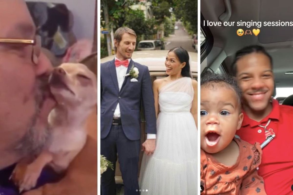 man kissing dog, groom and bride, dad and baby girl smiling