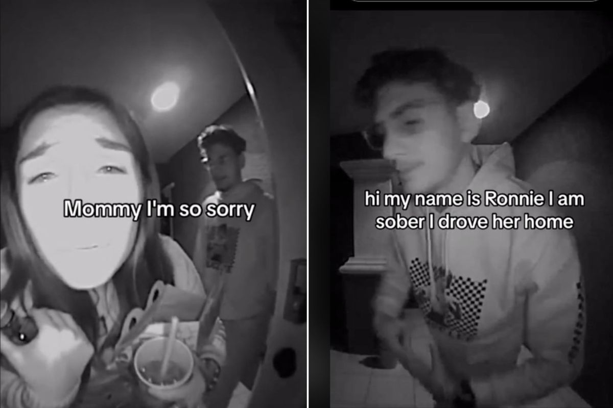 black and white screenshot of a girl and boy looking into a ring camera
