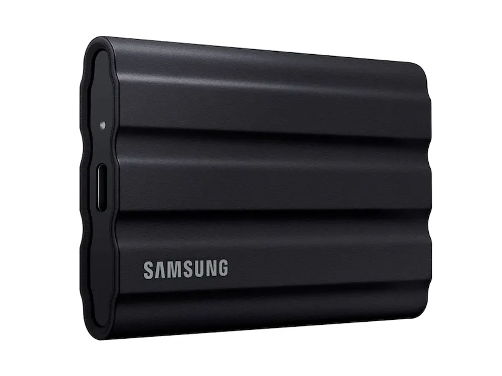 a product shot of The Samsung Portable SSD T7 Shield is $129.99 for the 2TB version