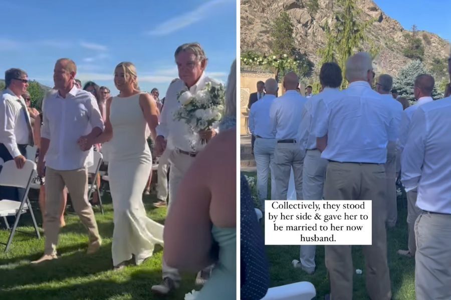 Bride walks down the aisle with 15 important men in her life