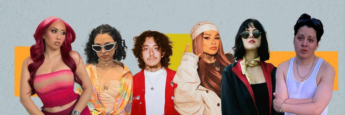 a collage featuring spanglish singers kali uchis, ambar lucid, cuco, snow tha product, maria zardoya and boy pablo