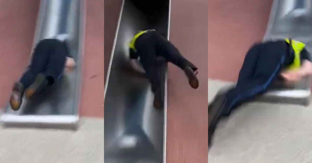Screenshots of police officer hurtling down a slide