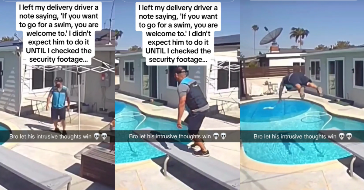 Delivery driver jumps into pool to cool off