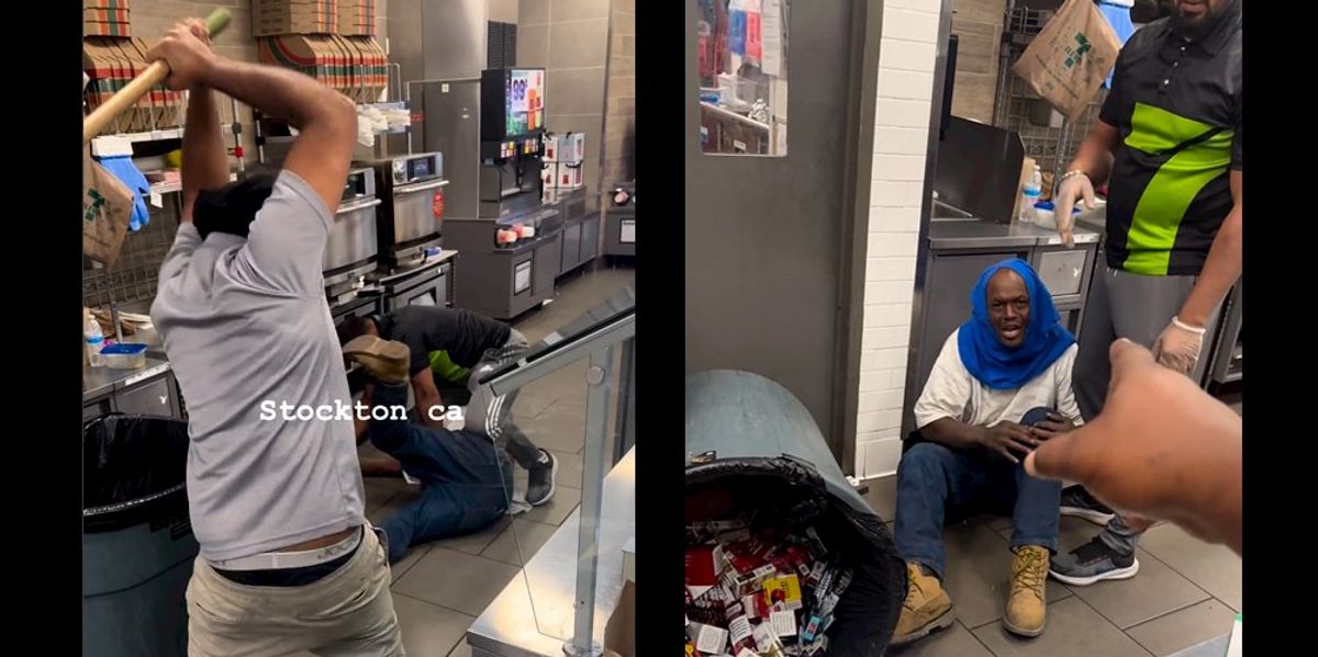 NextImg:Video: Two 7-Eleven workers thrash would-be thief who tried to wheel away trash can full of cigarettes