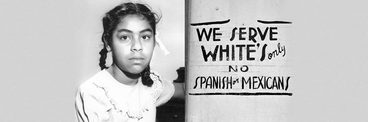 a photo of a young sylvia mendez and a sign that says we serve whites only no spanish or mexicans