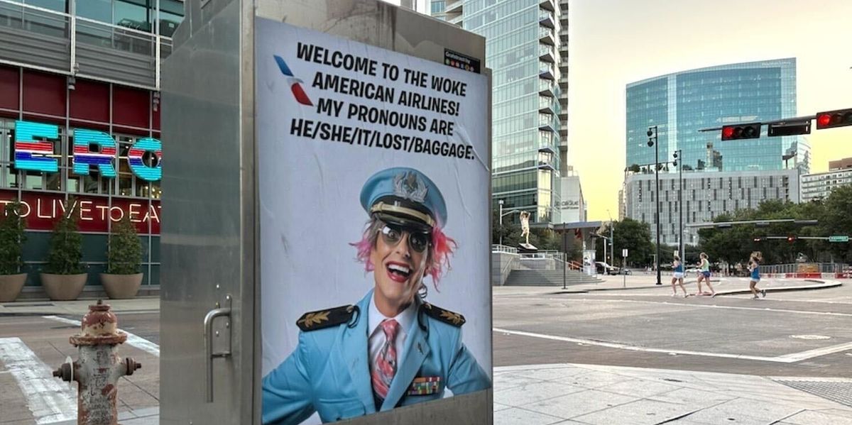 NextImg:Guerrilla political artist Sabo speaks out after lighting up American Airlines in anti-woke poster campaign