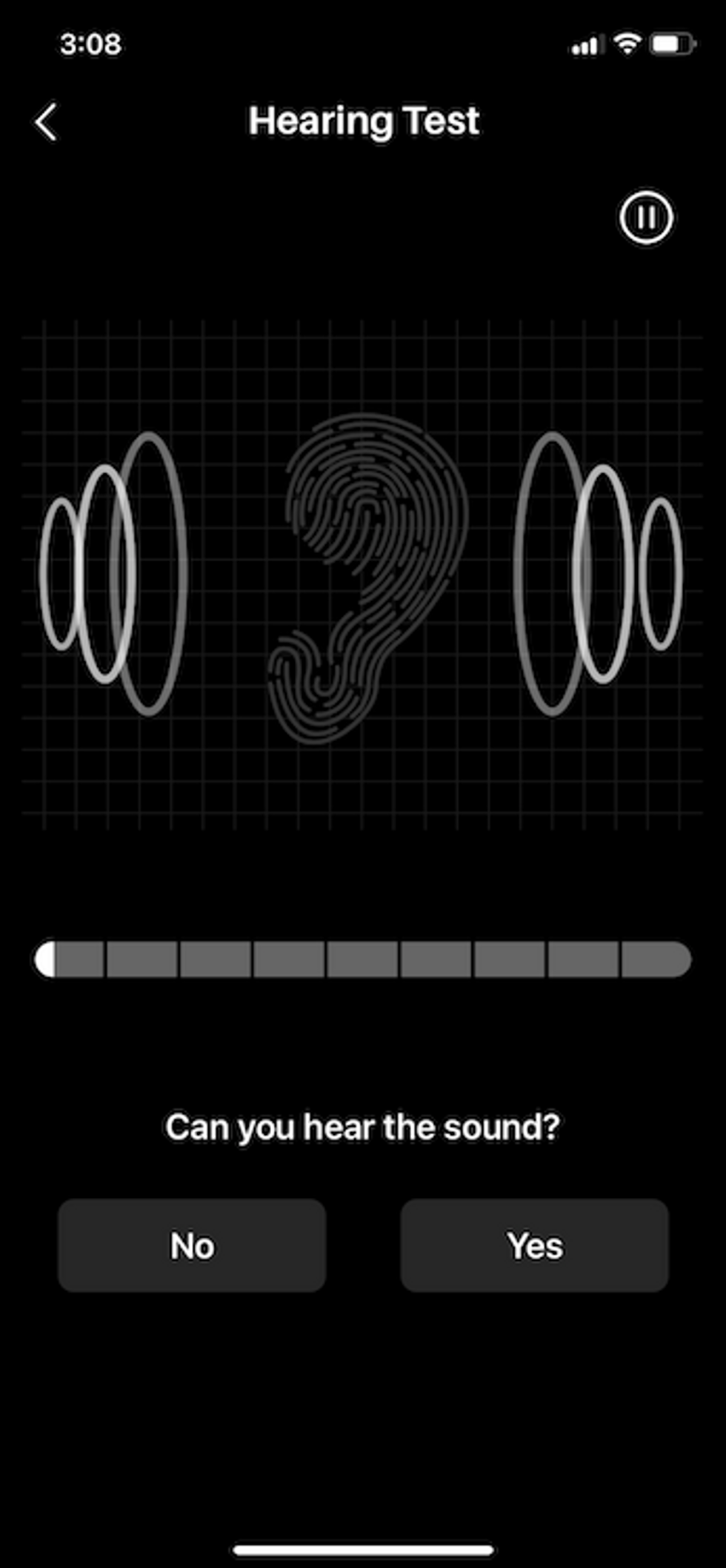 screenshot of hearing test screen in TOZO app