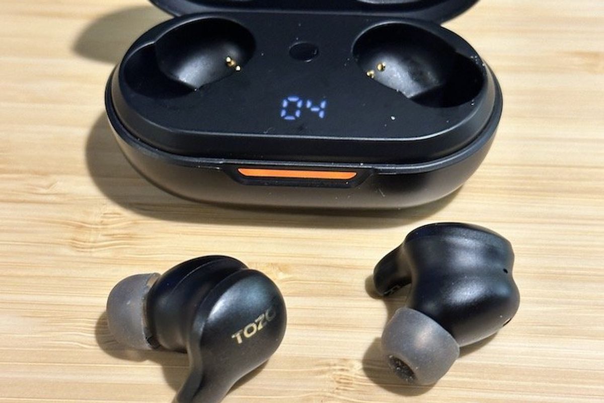 a photo of TOZO Golden X1 Wireless Earbuds with case opened