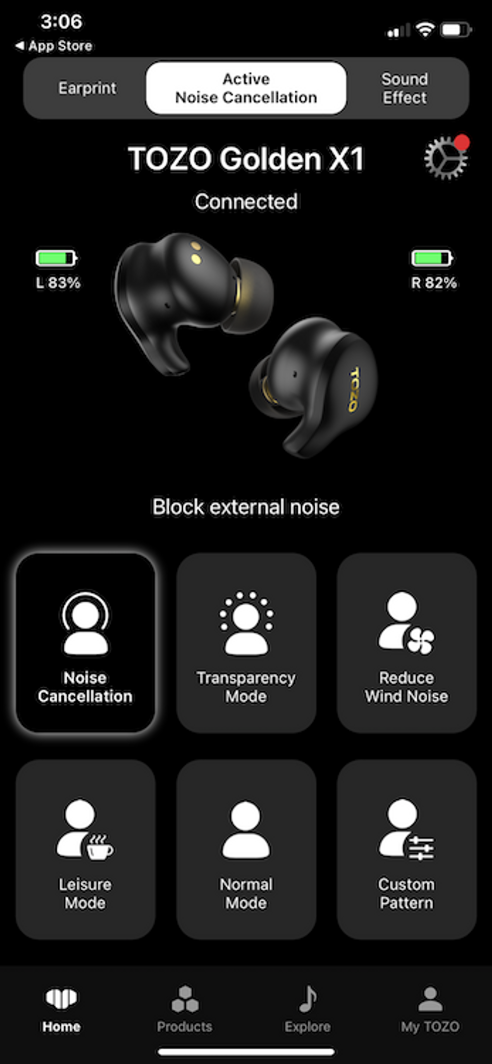 Screenshot of the TOZO app showing ANC modes